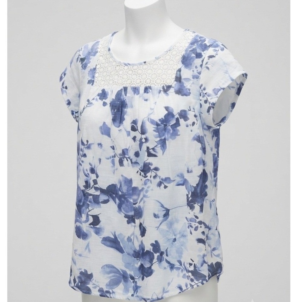 Liz Claiborne Blue White Floral coquette Crochet Lace Cap Sleeve Blouse Large